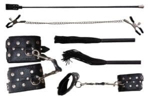 Leather Handcuffs, Nipple Clamps, Black Whip And Stack For Bdsm